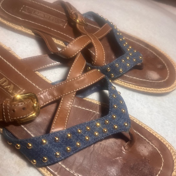 Prada Denim and Leather Tan and Blue Studded Sandals size 7 - Picture 4 of 10